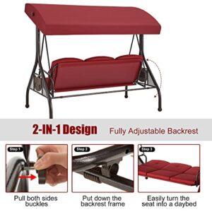 GYUTEI 3-Seat Outdoor Patio Swing Chair,Porch Swing Chair with Adjustable Backrest and Canopy,Outdoor Porch Swing Glider Chair,w/Cushions,Pillows and Cup Holders for Porch, Backyard(Wine RED)