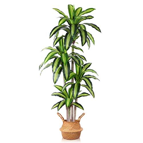 Ferrgoal Artificial Plants, 6 Ft Dracaena Tree Faux Plants Indoor Outdoor Decor Fake Tree with Woven Seagrass Basket Plants for Home Decor Office Living Room Porch Patio Perfect Housewarming Gift