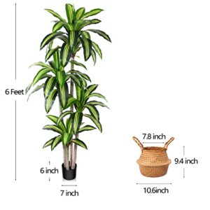 Ferrgoal Artificial Plants, 6 Ft Dracaena Tree Faux Plants Indoor Outdoor Decor Fake Tree with Woven Seagrass Basket Plants for Home Decor Office Living Room Porch Patio Perfect Housewarming Gift