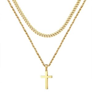 gold cross necklace for men, 18k gold stainless steel cross chain layered rope necklace 16-18 inch valentines gifts for boyfriend