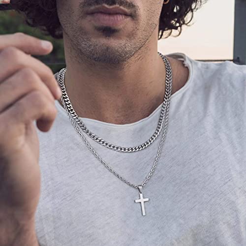 Gold Cross Necklace for Men, 18K Gold Stainless Steel Cross Chain Layered Rope Necklace 16-18 Inch Valentines Gifts for Boyfriend