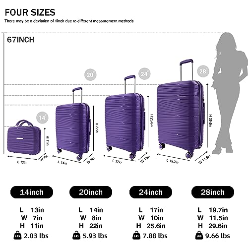 LEAVES KING Luggage 4 Piece Sets, Hard Shell Luggage Set Lightweight Carry on Luggage Expandable Suitcase with Spinner Wheels Travel Set for Men Women (14/20/24/28, Purple)