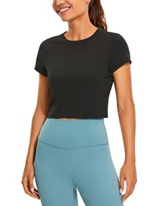 crz yoga butterluxe short sleeve shirts for women high neck crop tops basic fitted t-shirt gym workout top black medium