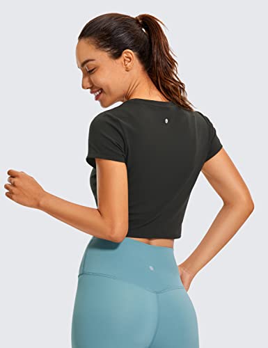 CRZ YOGA Butterluxe Short Sleeve Shirts for Women High Neck Crop Tops Basic Fitted T-Shirt Gym Workout Top Black Medium
