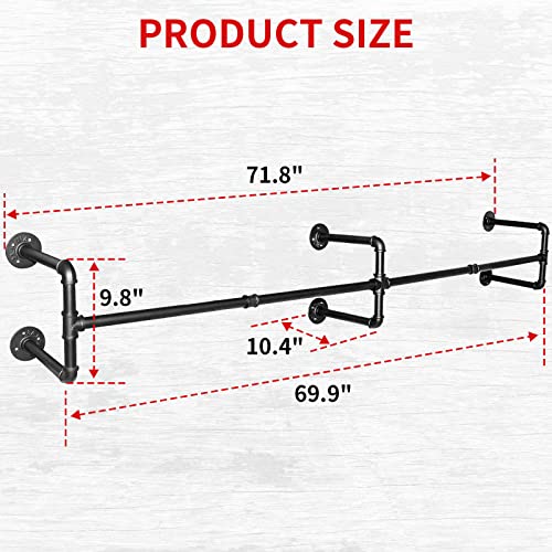 Rebala Industrial Pipe Clothing Rack 70.86" Length,Wall Mounted Clothes Rack,Max Load 132Lb Metal Commercial Garment Bar Space-Saving,Laundry Room Decor,Multi-Purpose Hanging