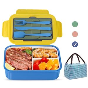 landmore bento box lunch box for kids adults, 1100 ml bento lunch box for kids 3 compartments with utensils and lunch bag, leakproof bpa free(blue)