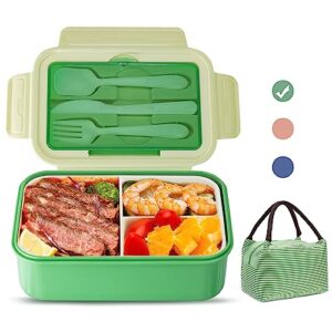 landmore bento box lunch box for kids adults, 1100 ml bento lunch box for kids 3 compartments with utensils and lunch bag, leakproof bpa free(green)