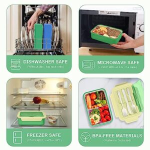 Landmore Bento Box Lunch Box for Kids Adults, 1100 ML Bento Lunch Box for Kids 3 Compartments with Utensils and Lunch Bag, Leakproof BPA Free(Green)
