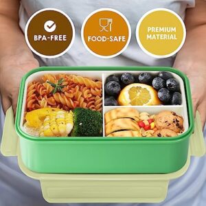 Landmore Bento Box Lunch Box for Kids Adults, 1100 ML Bento Lunch Box for Kids 3 Compartments with Utensils and Lunch Bag, Leakproof BPA Free(Green)