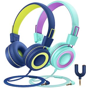 klylop kids headphones with microphone - 91db safe volume limited, stereo sounds, wired on-ear headsets for kids teens with sharing splitter, tangle-free foldable headset for school/tablet/travel