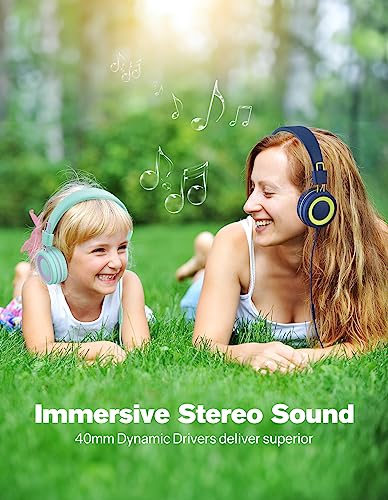 KLYLOP Kids Headphones with Microphone - 91dB Safe Volume Limited, Stereo Sounds, Wired On-Ear Headsets for Kids Teens with Sharing Splitter, Tangle-Free Foldable Headset for School/Tablet/Travel