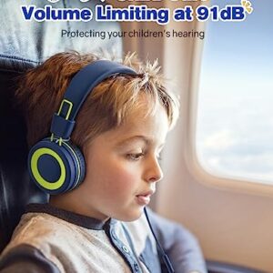 KLYLOP Kids Headphones with Microphone - 91dB Safe Volume Limited, Stereo Sounds, Wired On-Ear Headsets for Kids Teens with Sharing Splitter, Tangle-Free Foldable Headset for School/Tablet/Travel