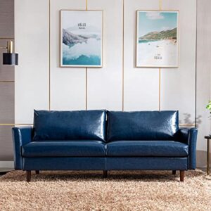 Dreamsir 80'' Faux Leather Sofa Couch, Mid-Century Modern Sofa with Solid Wooden Frame & Padded Cushions, 3-Seater Couch for Living Room, Apartment, Lounge Room (Blue)