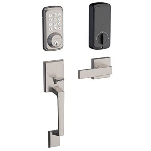 zomoss keyless entry door lock handle set, front door electronic keypad deadbolt knob lever set, auto lock, 20 user codes, 1 touch locking, satin nickel