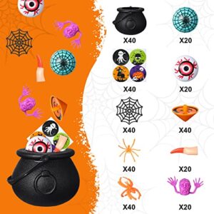 320 Pieces Halloween Game Toy Gifts 40 Pack Prefilled Cauldrons with Halloween Toy Eyeballs with Spider Rings Pumpkin Spinner Tops Halloween Toy Eyeballs Sticky Hands for Halloween Party Favors