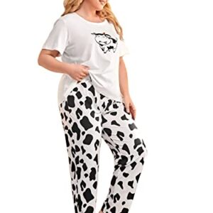 WDIRARA Women's Plus Size 2 Piece Cow Print Short Sleeve T Shirts and Pants Pajama Set Black and White 2XL