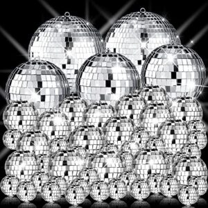 50 pcs disco balls ornaments mini silver hanging decorations reflective mirror ball cake decoration 70s party supplies for christmas festive (1.2 inch, 2 3.2 4 inch)