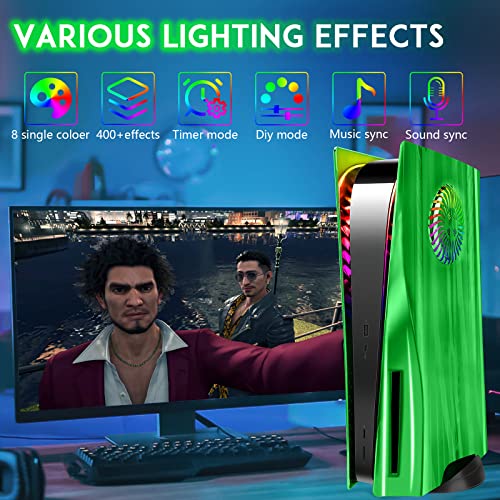 SIKEMAY PS5 Accessories Playstation 5 Plates with RGB LED Light Strip, Console Cover Face Plates Side Shell with Cooling Vents, PS5 Lights 8 Color 400+Effects Kit, Custom Dust Skin - Plating Green