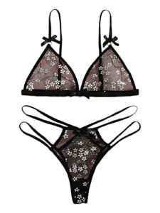 soly hux women's sexy sheer mesh lingerie set see through lace bra and panty set valentines day lingerie 2 piece solid black medium