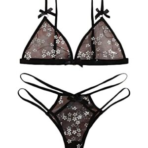 SOLY HUX Women's Sexy Sheer Mesh Lingerie Set See Through Lace Bra and Panty Set Valentines Day Lingerie 2 Piece Solid Black Medium