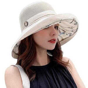 women's mesh sun hats wide brim summer beach bucket caps for girls outdoor uv protection foldable fishing hat chin strap beige