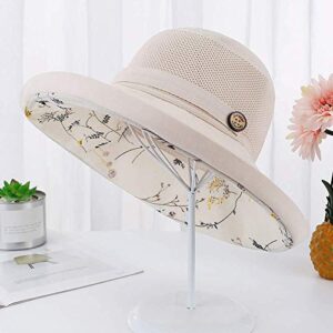 Women's Mesh Sun Hats Wide Brim Summer Beach Bucket Caps for Girls Outdoor UV Protection Foldable Fishing Hat Chin Strap Beige