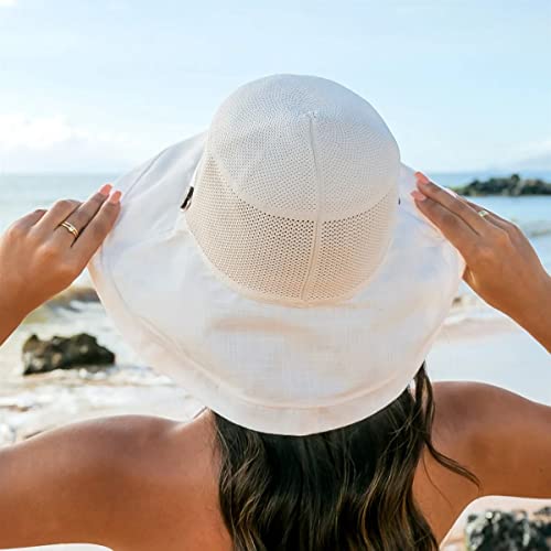 Women's Mesh Sun Hats Wide Brim Summer Beach Bucket Caps for Girls Outdoor UV Protection Foldable Fishing Hat Chin Strap Beige
