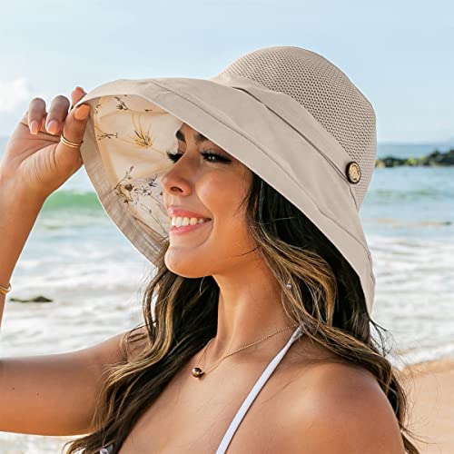 Women's Mesh Sun Hats Wide Brim Summer Beach Bucket Caps for Girls Outdoor UV Protection Foldable Fishing Hat Chin Strap Beige