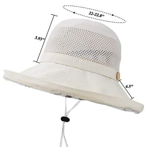 Women's Mesh Sun Hats Wide Brim Summer Beach Bucket Caps for Girls Outdoor UV Protection Foldable Fishing Hat Chin Strap Beige