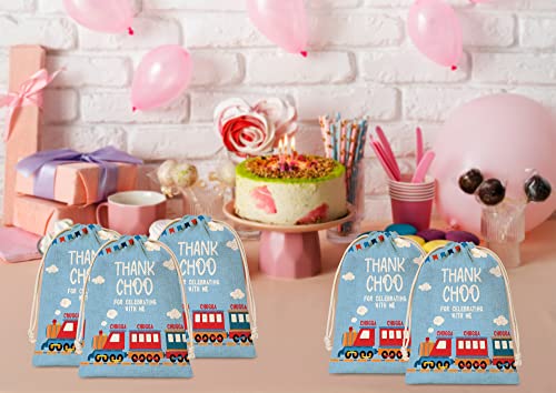 Train Theme Party Favors Bags, Steam Train Railroad Party Gift Bags, Supplies, Decorations, 5 Pack Drawstring Candy Treat Goodies Gift Bags for Kids Birthday Party, Baby Shower Party (A13)