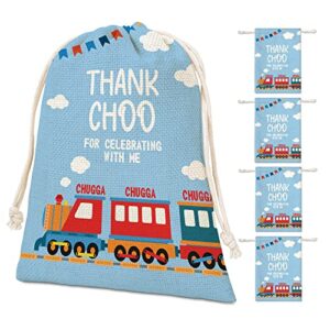 train theme party favors bags, steam train railroad party gift bags, supplies, decorations, 5 pack drawstring candy treat goodies gift bags for kids birthday party, baby shower party (a13)