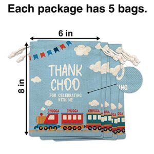 Train Theme Party Favors Bags, Steam Train Railroad Party Gift Bags, Supplies, Decorations, 5 Pack Drawstring Candy Treat Goodies Gift Bags for Kids Birthday Party, Baby Shower Party (A13)