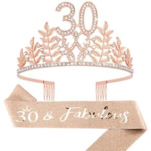 30th birthday sash and tiara for women, cieher 30th birthday decorations for women rose gold 30th birthday sash birthday crown 30 & fabulous sash for women 30th birthday gifts for her happy 30 birthday party supplies