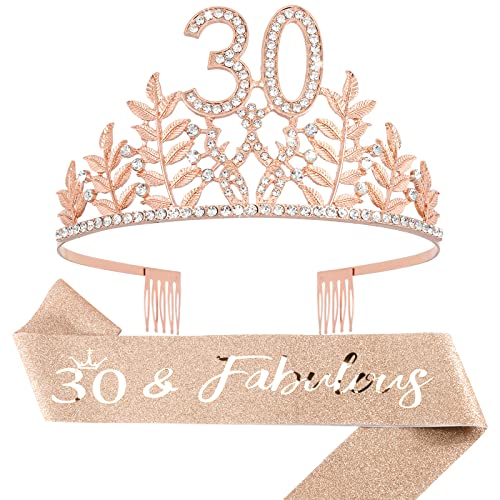 30th Birthday Sash and Tiara for Women, CIEHER 30th Birthday Decorations for Women Rose Gold 30th Birthday Sash Birthday Crown 30 & Fabulous Sash for Women 30th Birthday Gifts for Her Happy 30 Birthday Party Supplies