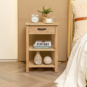 brown natural solid wood end table with drawer, industrial nightstand sofa side table with 2 tier rattan shelf, fit for bedroom, living room