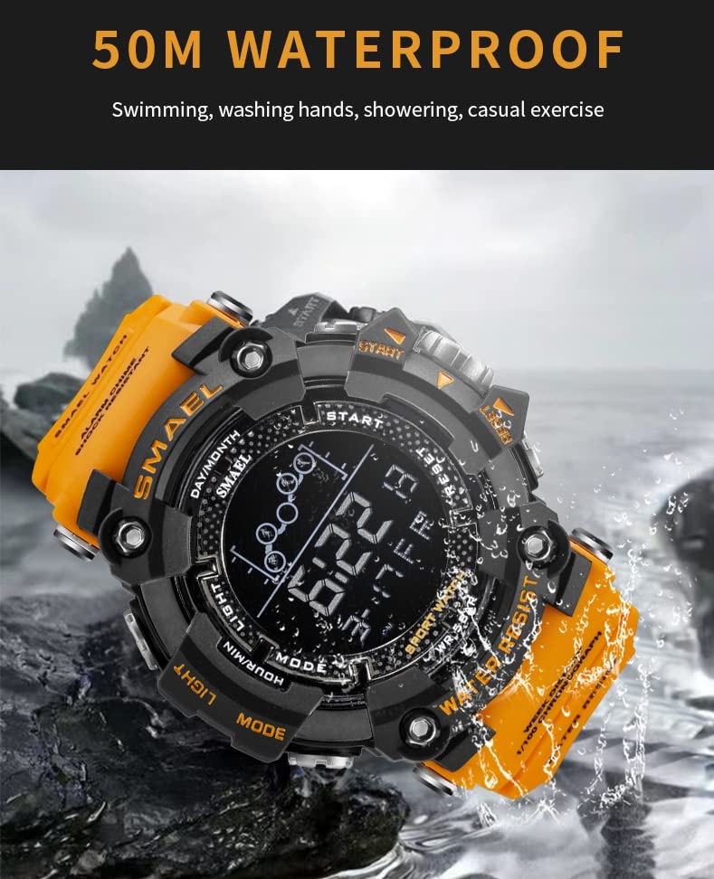 AIMES Men’s Sport Watches Military Outdoor Sports Digital Watch Waterproof Tactical Army Wristwatch Fashion Casual Watches (A-Orange)