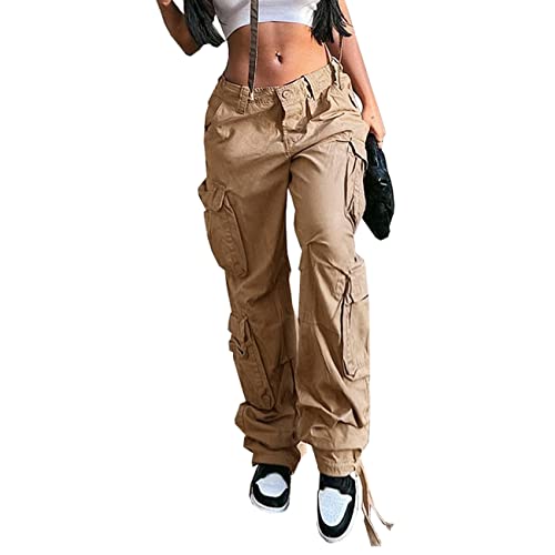 Women's Y2K High Rise Baggy Straight Leg Cargo Pants Streetwear Casual Boyfriend Trousers with Pockets Khaki