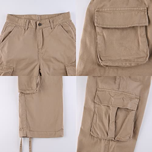 Women's Y2K High Rise Baggy Straight Leg Cargo Pants Streetwear Casual Boyfriend Trousers with Pockets Khaki