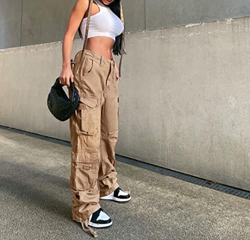 Women's Y2K High Rise Baggy Straight Leg Cargo Pants Streetwear Casual Boyfriend Trousers with Pockets Khaki