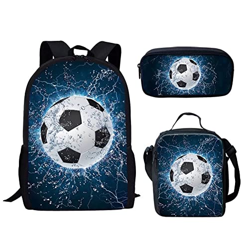 Bulopur Football School Bookbags With Lunch Bag Pencil Case Casual Daypack, Blue Lightning Soccer Backpacks Set 3-in-1 Kids Durable School Bag