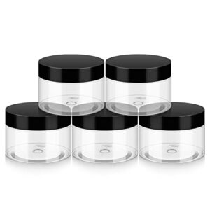 bonytek household 4oz plastic jars with lids, 5 pack bpa free, reusable, refillable transparent cosmetic containers for bath salts, cosmetics, powders, beauty product and small accessories