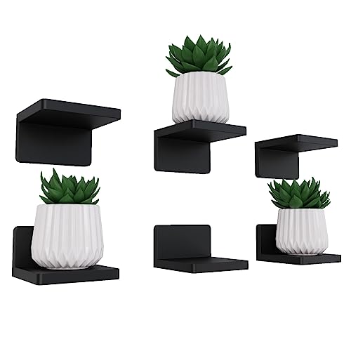 RICHER HOUSE 6 Pack Small Floating Wood Shelves for Wall, Black Small Shelf for Home Decor, Display Ledges Black Wall Shelves with 2 Types of Installation Ways in Bathroom, Bedroom - Black