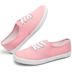 womens white canvas sneakers low top lace-up canvas shoes lightweight casual tennis shoes(pink.us7)