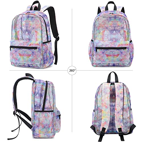 LEDAOU Mesh Backpack for Kids Girls Semi-Transparent Mesh School Backpack Bookbag Lightweight Casual Daypacks for Beach Gym Travel (Tie Dye Purple)