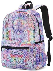 ledaou mesh backpack for kids girls semi-transparent mesh school backpack bookbag lightweight casual daypacks for beach gym travel (tie dye purple)