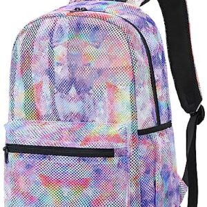 LEDAOU Mesh Backpack for Kids Girls Semi-Transparent Mesh School Backpack Bookbag Lightweight Casual Daypacks for Beach Gym Travel (Tie Dye Purple)