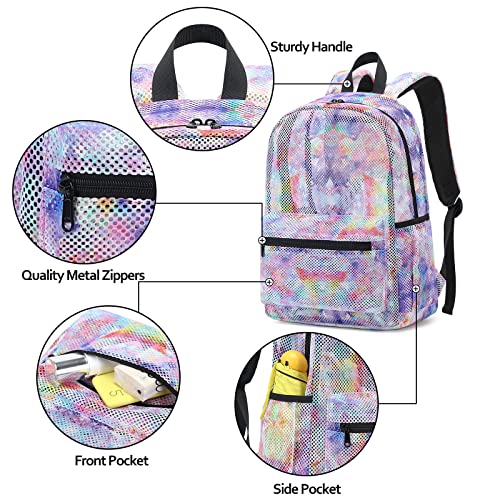 LEDAOU Mesh Backpack for Kids Girls Semi-Transparent Mesh School Backpack Bookbag Lightweight Casual Daypacks for Beach Gym Travel (Tie Dye Purple)