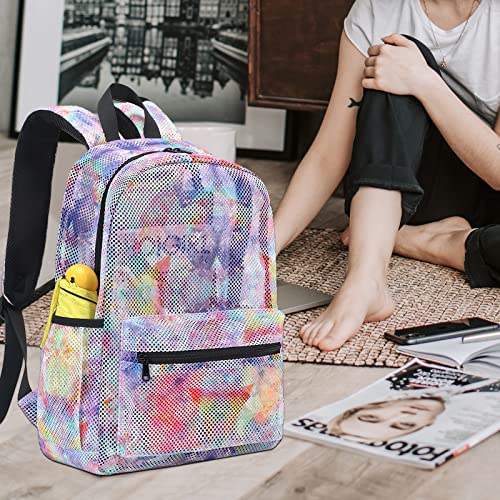 LEDAOU Mesh Backpack for Kids Girls Semi-Transparent Mesh School Backpack Bookbag Lightweight Casual Daypacks for Beach Gym Travel (Tie Dye Purple)