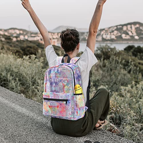 LEDAOU Mesh Backpack for Kids Girls Semi-Transparent Mesh School Backpack Bookbag Lightweight Casual Daypacks for Beach Gym Travel (Tie Dye Purple)