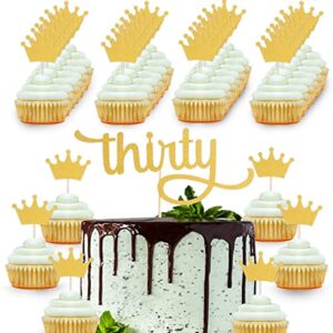 gold thirty cake topper set - 1 pcs f gold glitter thirty cake topper and 30 pcs crown cupcake topper, single-side gold glitter paper 30th birthday men and women party cake decoration (gold03)
